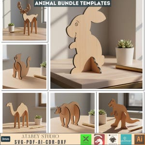 May include: A collection of wooden animal templates, featuring a deer, rabbit, cat, camel, bear, and dinosaur. The templates are crafted from light wood. The image includes the text "ANIMAL BUNDLE TEMPLATES" and "ATABEY STUDIO".