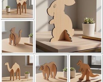Puede incluir: Plantillas de animales de madera, que incluyen un ciervo, un conejo, un gato, un camello, un oso y un dinosaurio. Las plantillas son de madera clara. La imagen también incluye el texto "ANIMAL BUNDLE TEMPLATES" y "ATABEY STUDIO".