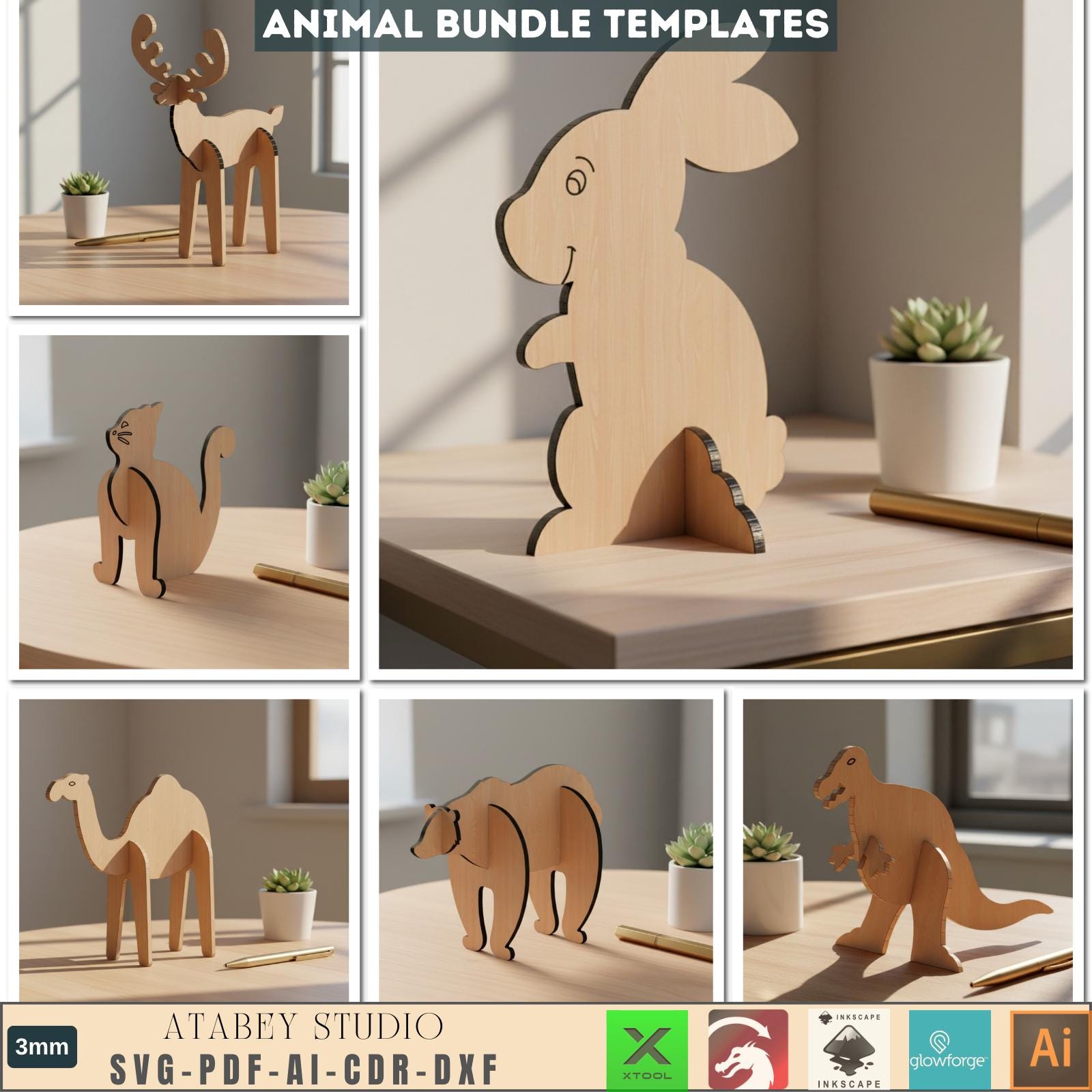 Laser Cut Animal SVG Bundle, Wooden Animal Puzzle Files - Cat, Bear ...