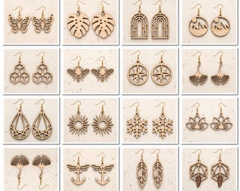 Bee Butterfly Leaf Earrings, Necklace Lotus Snowflake Wood Designs, DIY Jewelry Template