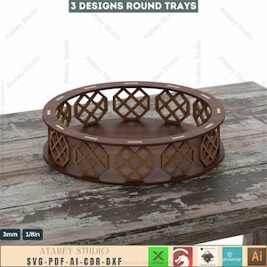 Plik do wycinania okrągłych, dekoracyjnych tac w 3 rozmiarach – Drewniane koszyki, plany cięcia SVG 152
