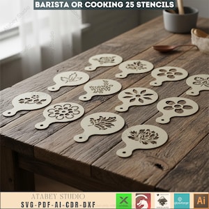 May include: A set of 25 stencils for barista or cooking, crafted from light wood. The stencils showcase diverse floral and leaf patterns, displayed on a weathered wooden table. The text "BARISTA OR COOKING 25 STENCILS" is visible.