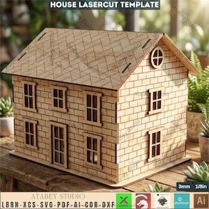 Plan de maison de poupée en bois découpé au laser, modèle de maison de jouet en contreplaqué, conception de mini maison de jeu pour enfants, boîte de rangement à toit articulé 265