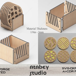 Simple Wood Coaster Box and Coasters / Round Laser Cut Coasters / Drink Coffee Tea Mat Digital Download SVG, DXF, CDR 530