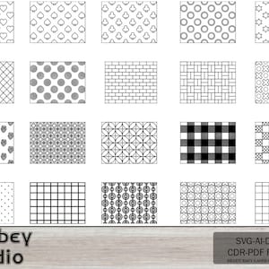 May include: A set of 20 black and white seamless patterns for laser cutting. The patterns include hearts, spades, trees, circles, stars, grids, polka dots, bricks, and more.