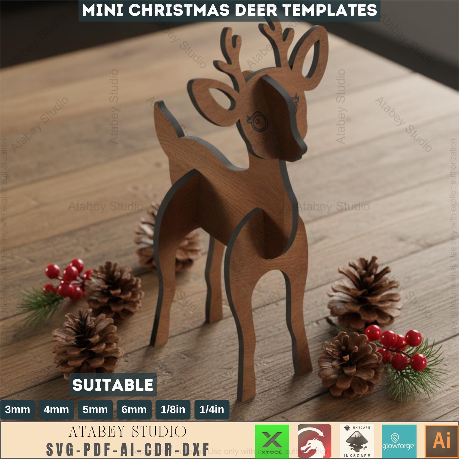 3D Wooden Reindeer Puzzle / Deer Laser Cut Christmas Decor / Xtool