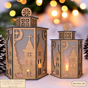 Laser Cut Christmas Lantern SVG, Winter Village Scene with Church & Deer, Glowforge Holiday Decor, DIY Festive Night Light Files 920