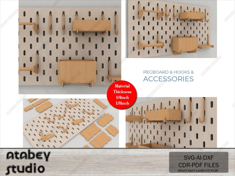 May include: A pegboard with hooks and accessories for organizing. The pegboard is made of wood and has a light brown color. The hooks are made of metal and have a silver color. The accessories include a small wooden box, a shelf, and a rod. The text "PEGBOARD & HOOKS & ACCESSORIES" is printed on the pegboard. The text "SVG-AI-DXF CDR-PDF FILES READY EASY LASER CUT FILES" is printed below the pegboard.