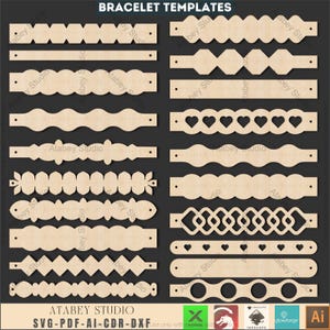 Puede incluir: Una colección de plantillas de pulseras cortadas con láser en varios diseños, incluyendo formas geométricas, corazones y patrones ondulados. Las plantillas son de madera clara y se muestran sobre un fondo oscuro. El texto "BRACELET TEMPLATES" está en la parte superior.