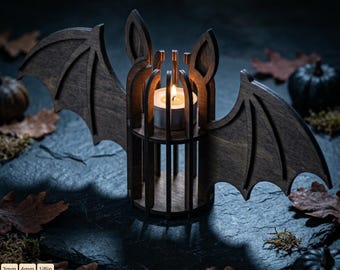 Halloween Bat Tea Light Holder Laser Cut File Wooden Lantern SVG Template