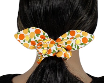 Bunny Ear Scrunchie: Handmade Cotton Ponytail Tie with Fruit Print