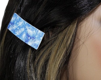 Blue feather faux leather hair barrette for women and girls