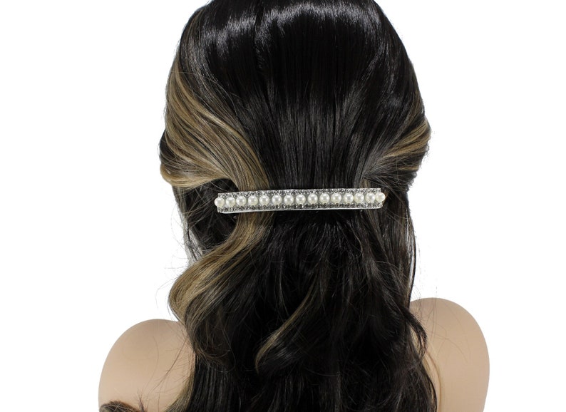 Pearl barrette for women bride wedding hair accessories Silver French barrette Thick hair barrette Crystal hair clip Rhinestone barrette image 8