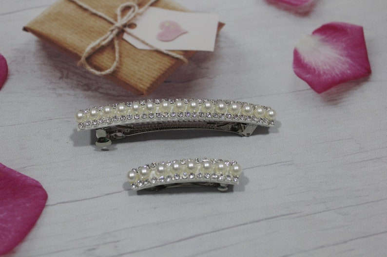 Pearl barrette for women bride wedding hair accessories Silver French barrette Thick hair barrette Crystal hair clip Rhinestone barrette image 2