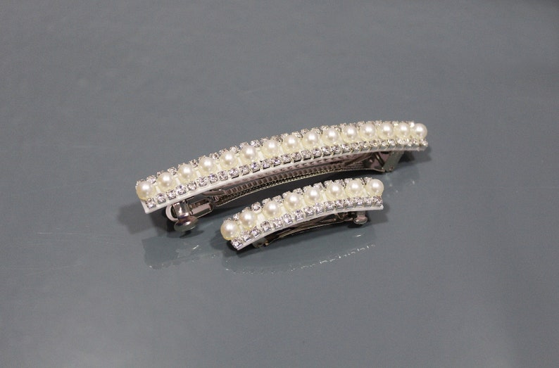 Pearl barrette for women bride wedding hair accessories Silver French barrette Thick hair barrette Crystal hair clip Rhinestone barrette image 7