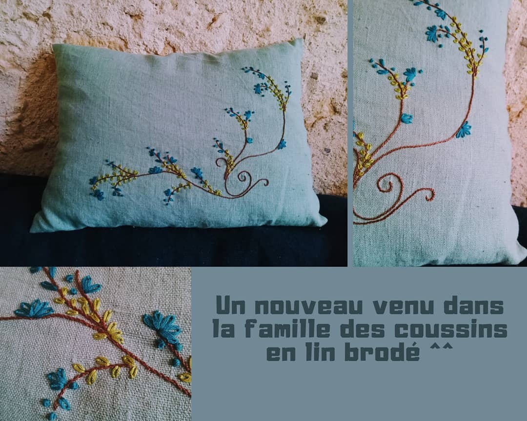 Coussin en Lin Broderie à La Main Déhoussable