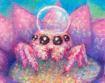 Adorable Jumping Spider Water droplet hat, Original Oil Painting