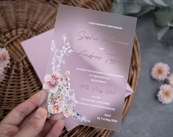 Botanical Design Wedding Invitation UV Printed on Matte Plexiglass, Custom Matte Acrylic Invitation, with Blush Pink Envelope