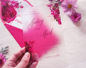 Fuchsia Wedding Invitation UV Printed on Frosted Plexiglass, Custom Floral Design Acrylic Invitation, Fuchsia Envelope with Floral Liner