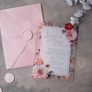 Wedding Invitation UV Printed on Plexiglass with Dahlia Design, Custom Floral Clear Acrylic Invitation, with Pink Pearlescent Envelope