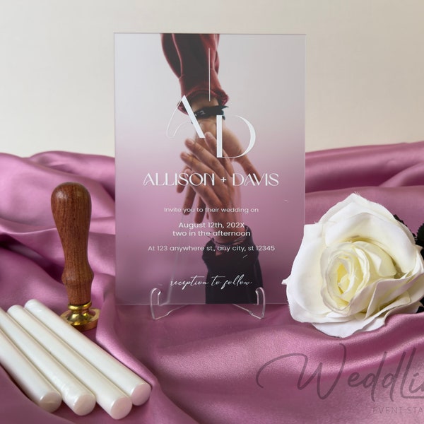 Individuelle Hochzeitseinladung aus mattem Acryl, luxuriöse Acryleinladung mit individuellem Foto, UV-Druck, elegante Hochzeitseinladung mit individuellem Design