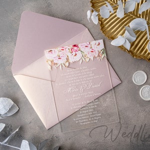 Wedding invitation with peonies printed on plexiglass, UV printed botanical design, Pink flowers, Acrylic Invitation, Shimmer envelope