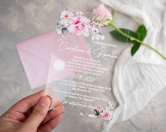 Pink Floral Design Wedding Invitation UV Printed on Plexiglass, Custom Floral Design Acrylic Invitation, with Blush Pink Envelope