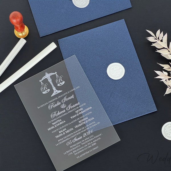 Modern Wedding Invitation on Clear Acrylic with White Screen Printing and Shiny Navy Envelope, Elegant Custom Design Wedding Invitation