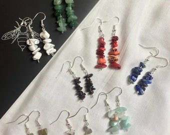 Gemstone stacked earrings, sterling silver hooks with natural crystals