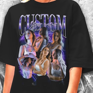 May include: Black oversized t-shirt with a graphic print of five women with purple lightning bolts and the text "CUSTOM Your name".