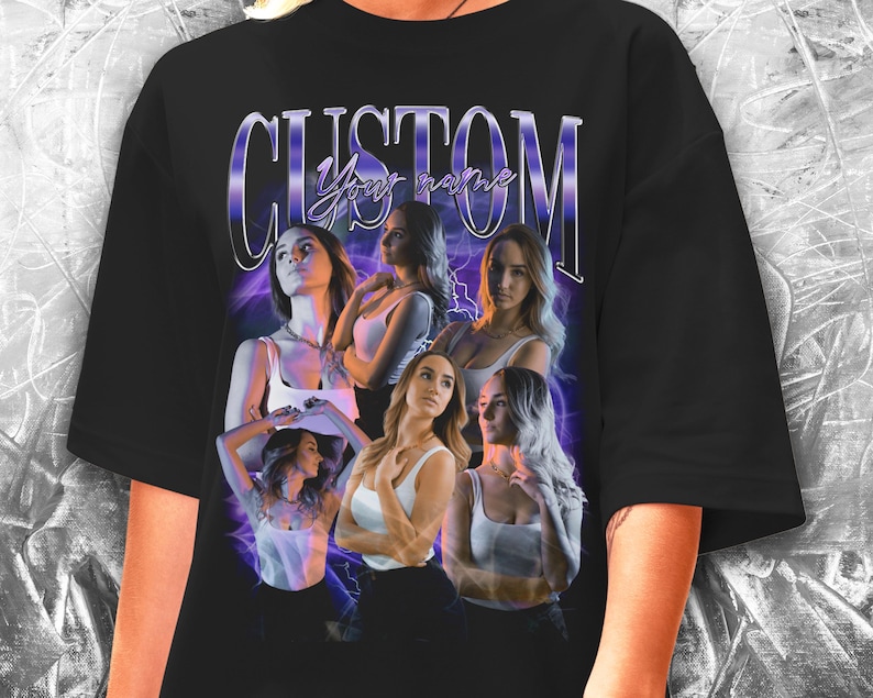 May include: Black oversized t-shirt with a graphic print of five women with purple lightning bolts and the text "CUSTOM Your name".