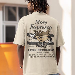 Camiseta "Más Espresso, Menos Depresso", camiseta retro con dibujos animados, camiseta con gráfico de café, regalo para amantes del café y baristas.