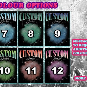 May include: Twelve different color options for a custom design. Each option features a different color background with a black lightning bolt design. The text "CUSTOM" is at the top of each design with the number 7 through 12 below. The text "MESSAGE TO REQUEST ADDITIONAL COLORS" is in the upper right corner of the image. The text "MORE" is in the lower right corner of the image.