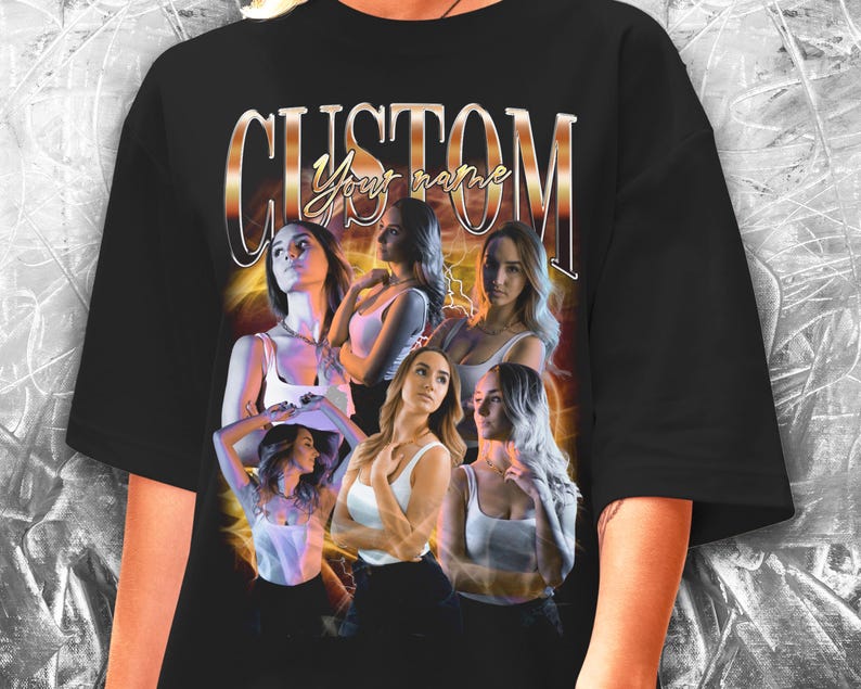 May include: Black oversized t-shirt with a graphic print of five women in a vintage style with the text "CUSTOM your name".