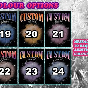 May include: Six different color options for a custom design. Each option features a black background with a colorful cloud and lightning bolt design. The text "CUSTOM" is at the top of each design, with a number from 19 to 24 below. The text "MESSAGE TO REQUEST ADDITIONAL COLOURS" is at the bottom right of the image.
