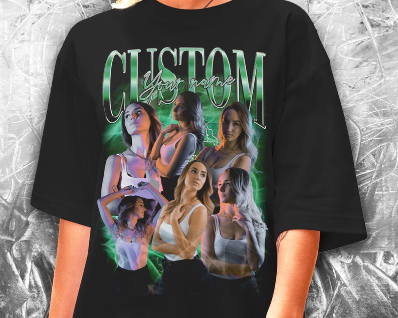 May include: Black oversized t-shirt with a graphic print of five women in front of a green and black lightning bolt design. The text "CUSTOM" is printed in large green letters with the text "Your name" printed in smaller white letters below.