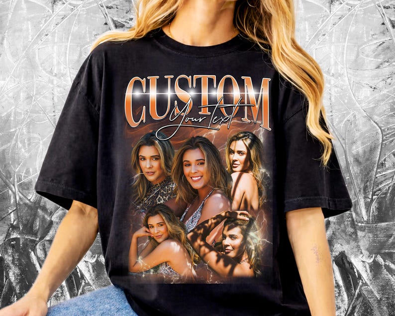 K&ouml;nnte beinhalten: Schwarzes T-Shirt mit individuellem Design. Das Design zeigt das Wort "CUSTOM" in einer gold-orangenen Farbverlaufs-Schriftart und mehrere Portr&auml;ts einer Frau. Das T-Shirt hat einen Vintage-Stil.