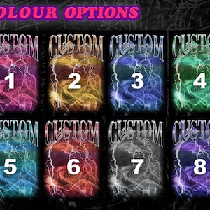 May include: Eight different color options for a custom design with lightning bolts and the text "CUSTOM" in a silver font. The color options are: 1. Pink, 2. Yellow, 3. Blue, 4. Green, 5. Light Blue, 6. Orange, 7. Gray, 8. Purple.
