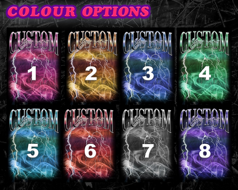 May include: Eight different color options for a custom design with lightning bolts and the text "CUSTOM" in a silver font. The color options are: 1. Pink, 2. Yellow, 3. Blue, 4. Green, 5. Light Blue, 6. Orange, 7. Gray, 8. Purple.