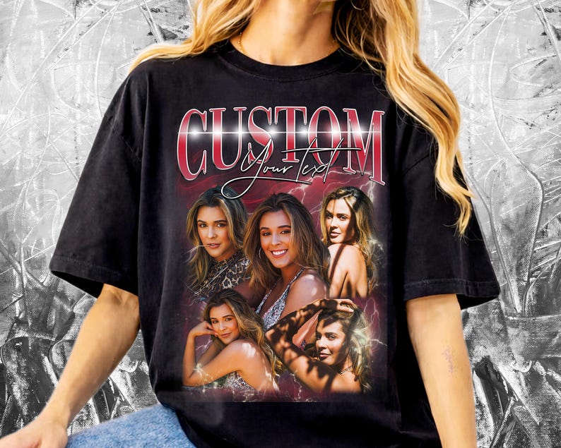 K&ouml;nnte beinhalten: Schwarzes T-Shirt mit individuellem Design. Das Design zeigt das Wort "CUSTOM" in Rot und Wei&szlig; mit den Worten "Your Text" darunter. Das Design enth&auml;lt mehrere Portr&auml;ts einer Frau mit langen braunen Haaren.