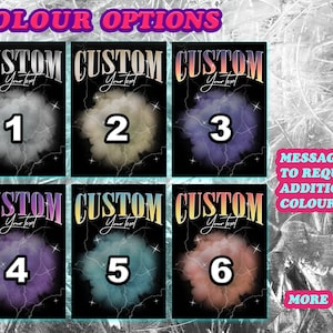 May include: Six different color options for a customizable design. Each option features a black background with a colorful cloud and lightning bolts. The text "CUSTOM" is displayed in a retro font with the words "Your Text" underneath. The numbers 1 through 6 are displayed in white on each option.