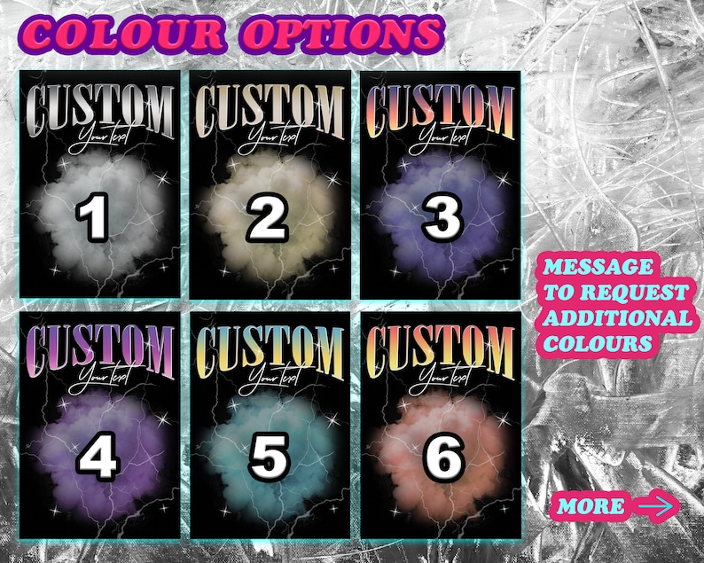 May include: Six different color options for a customizable design. Each option features a black background with a colorful cloud and lightning bolts. The text "CUSTOM" is displayed in a retro font with the words "Your Text" underneath. The numbers 1 through 6 are displayed in white on each option.