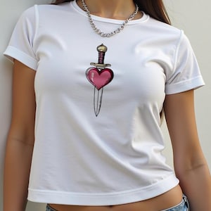 Sword Heart Baby Tee, Stabbed Heart T-shirt, Grunge Crop Top, 2000s Fashion, Y2K tee, Coquette Aesthetic