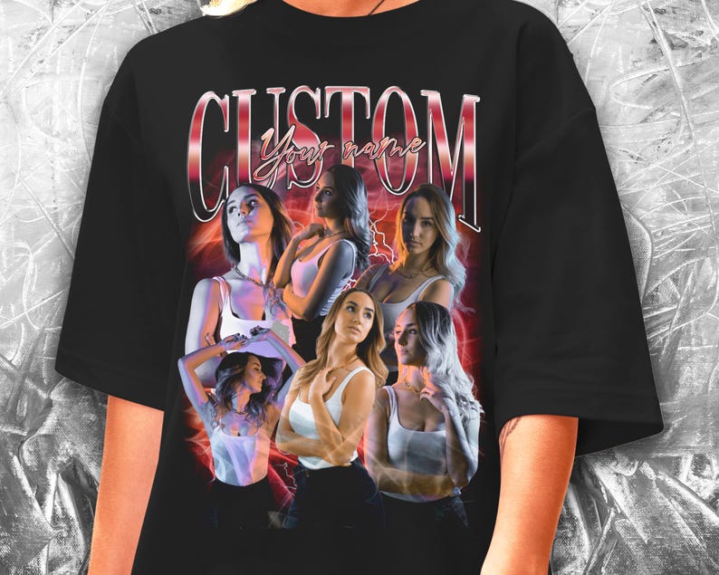May include: Black oversized t-shirt with a graphic print of five women in a vintage style. The text "CUSTOM Your name" is printed in red and white.