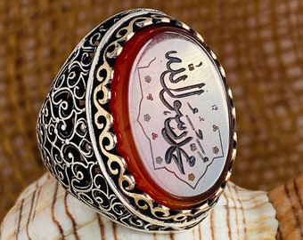 Hand Engraved, Seal of Prophet Muhammad ,Red Yemeni Akik Ring, Shia Moslem, Muslim Engraved 925 Ring,Aqeeq 925 Silver Ring ,Islamic Men Ring