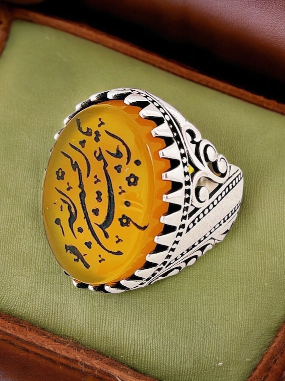 Islamic yemeni Yellow aqeeq Shia 925 Silver Men Ring Ya Aba abdollah Al Hossein Arabic Hand Engraved Ring