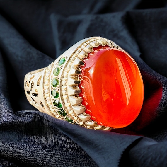 Floral Men Ring Natural Red Carnelian Agate Aqeeq akik sterling silver 925 arabian yemeni agate Emerald stones