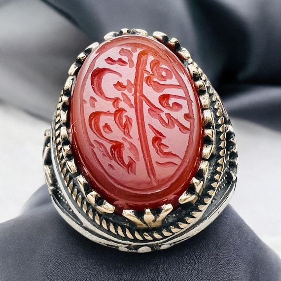 Red Yemeni Hand Carving 5 tan Shia Aqeeq Ahlulbayt Ahl-ul-Bait solid 925 Silver Panjtan Islam  Agate Allah Ali Fatemeh Hasan Hossein