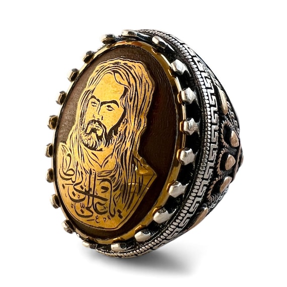 Large 925 Sterling Silver Ring,Islamic Shia Ehlebeyt Hadid sini engraving of Imam Ali,Zulfiqar