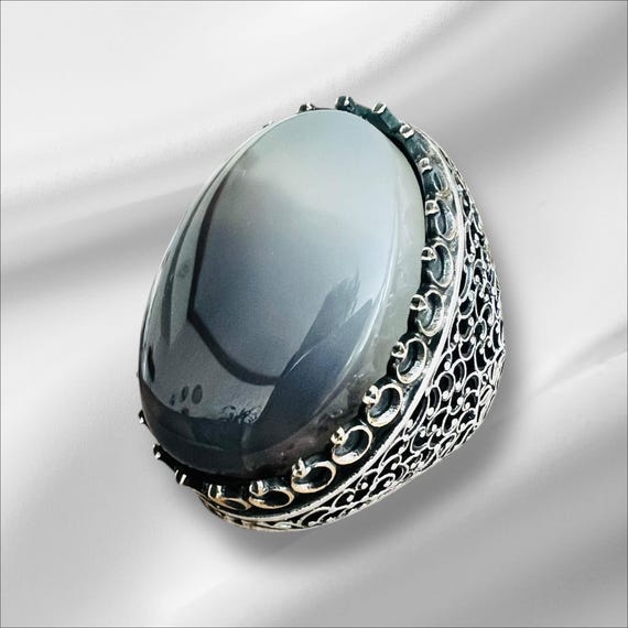 Large Natural Yemeni Shajar Agate Ring – 925 Sterling Silver Statement Islamic Men’s Jewelry